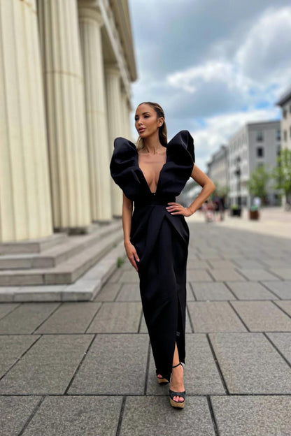 Mable | Black Long Dress with Shoulder Ruffle - 8LACK