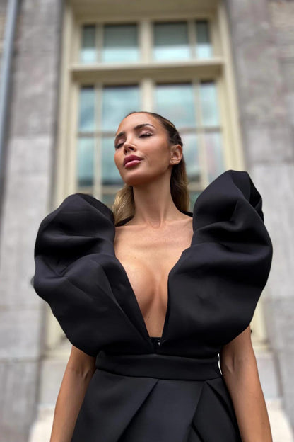 Mable | Black Long Dress with Shoulder Ruffle - 8LACK