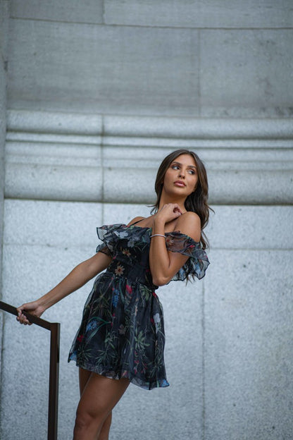 Organza Print Ruffle Dress by Klesis