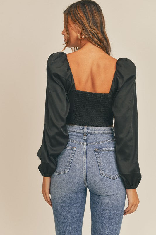 Black Long Puffy Sleeve Satin Crop Top | 8LACK Clothing