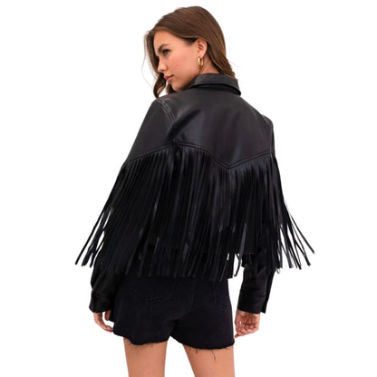 Black Faux Leather Jacket w/ Long Fringes | 8LACK