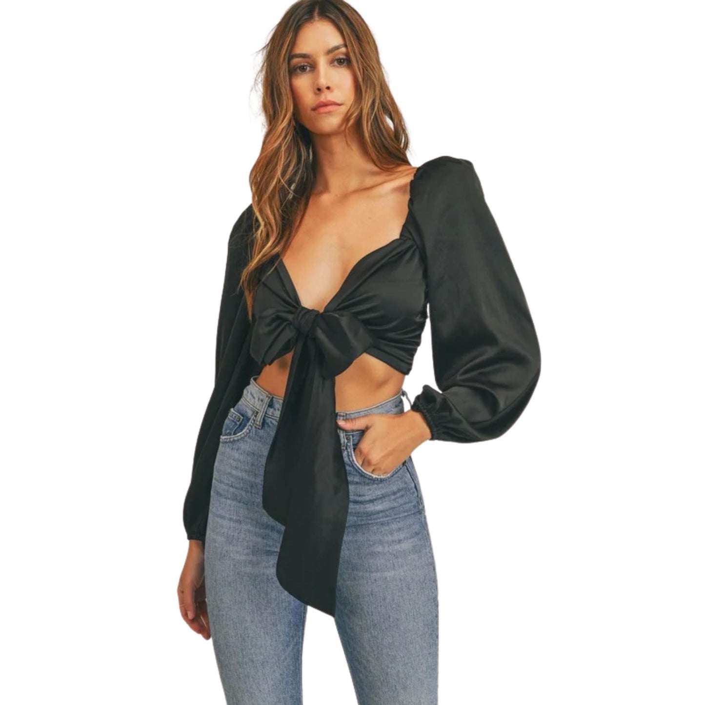 Black Long Puffy Sleeve Satin Crop Top | 8LACK Clothing