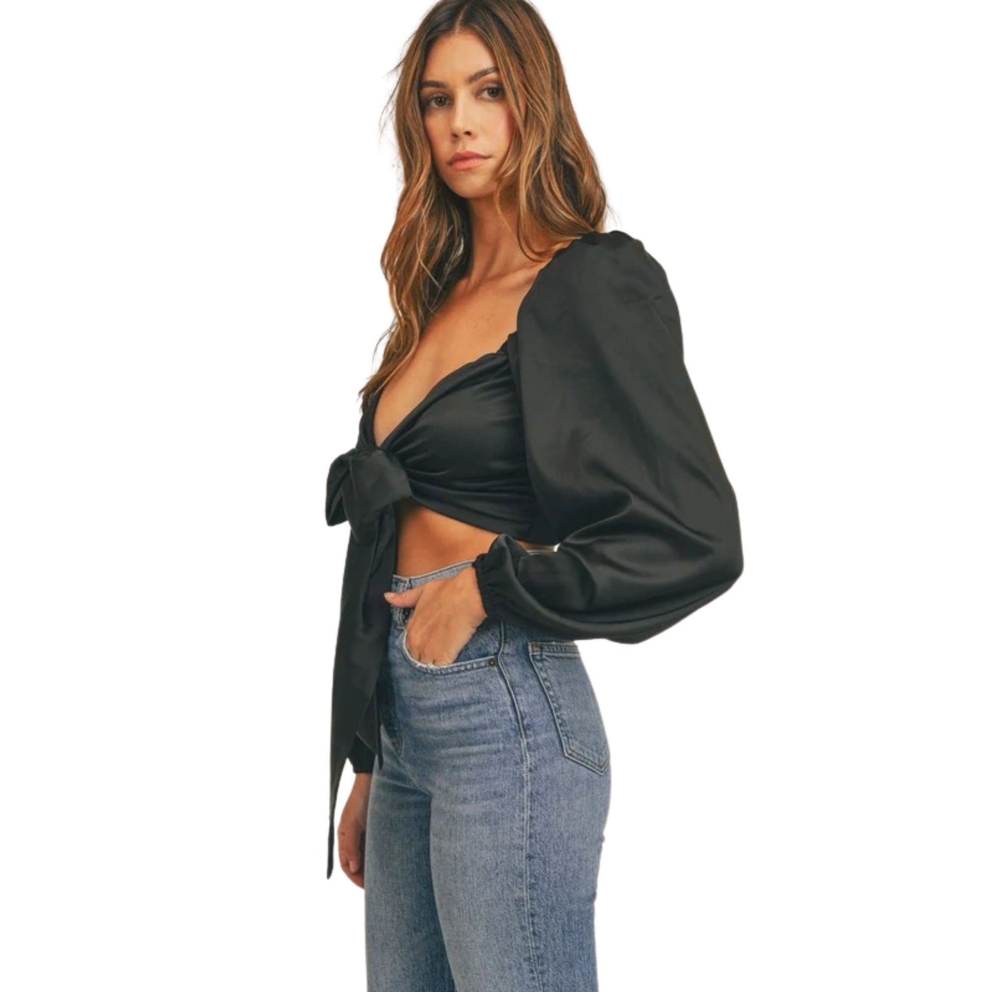 Black Long Puffy Sleeve Satin Crop Top | 8LACK Clothing